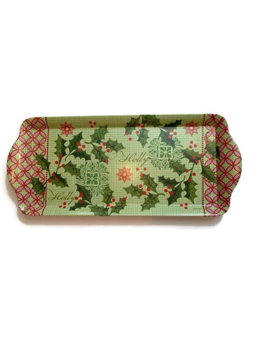 KAY DEE DESIGNS TRAY RED GREEN HOLIDAY HOLLY PLAID MELAMINE SERVE-WARE HOME